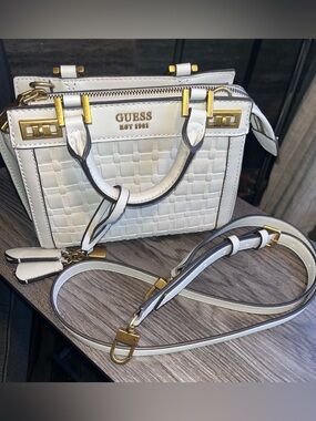 Guess Katey Mini Satchel Stone Woven TopHandle Crossbody WS787073 Gold Hardware